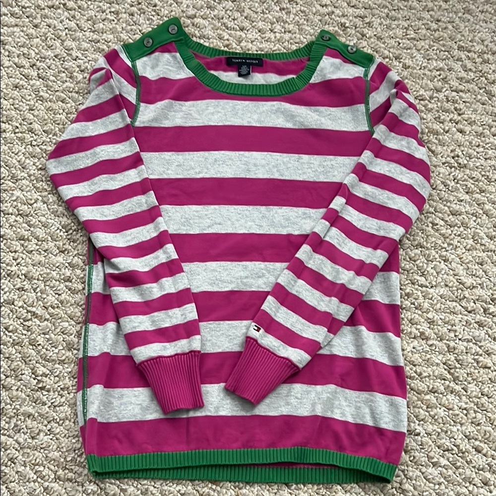 Tommy Hilfiger Striped Pink and Gray Sweater
